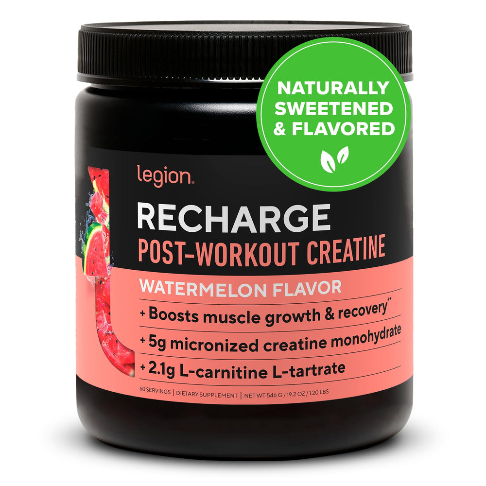 Legion Recharge watermelon tub label highlights clean ingredients for post-workout recovery