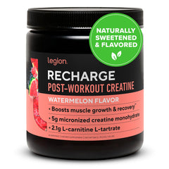 Legion Recharge watermelon tub label highlights clean ingredients for post-workout recovery