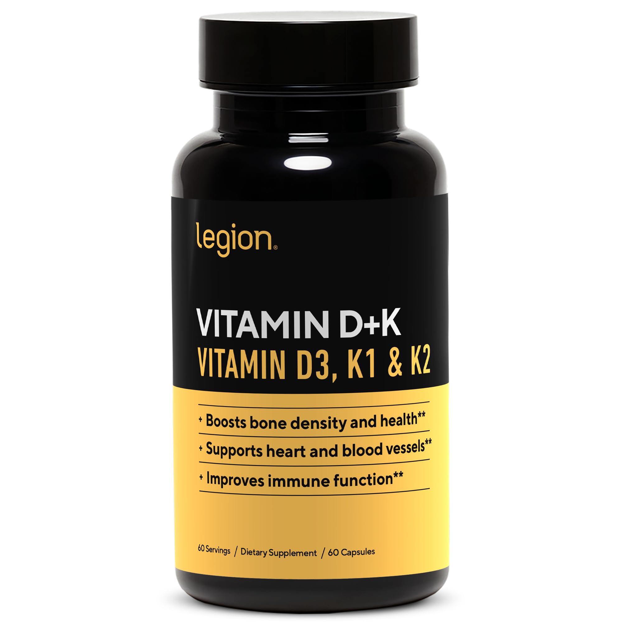 LEGION Vitamin D3 K2 bottle pour shows a clean label for bone and immune support.
