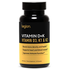 LEGION Vitamin D3 K2 bottle pour shows a clean label for bone and immune support.