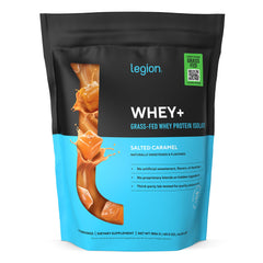 LEGION Whey+ Salted Caramel tub front showing grass-fed protein for clean fueling