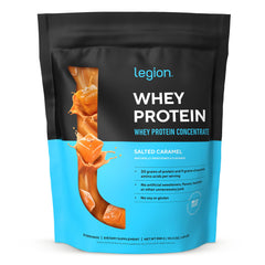 LEGION Whey Protein Powder Salted Caramel tub label highlights clean ingredients