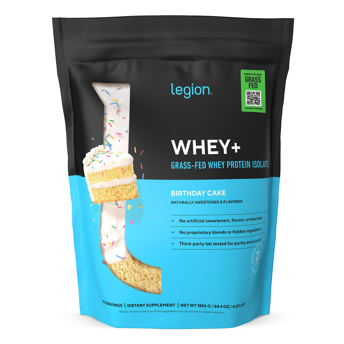 LEGION Whey+ Birthday Cake powder container shows grass-fed protein benefits