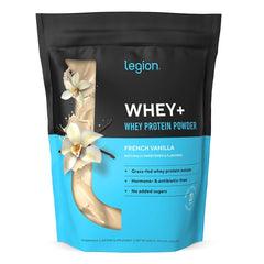LEGION Whey+ grass-fed milk canister highlights clean label and quality ingredients.