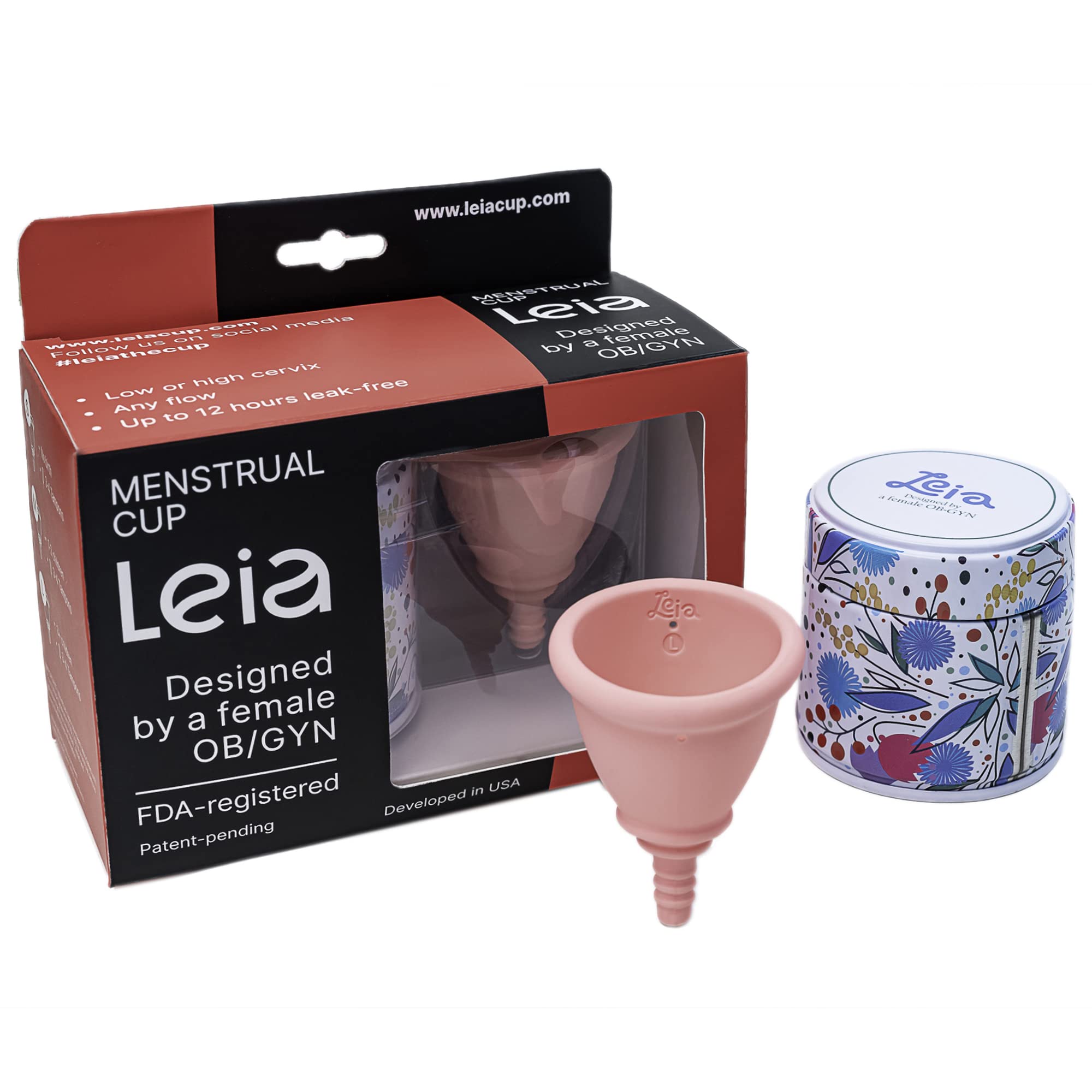 Leia premium soft menstrual cup with metal carrying case for safe transport.