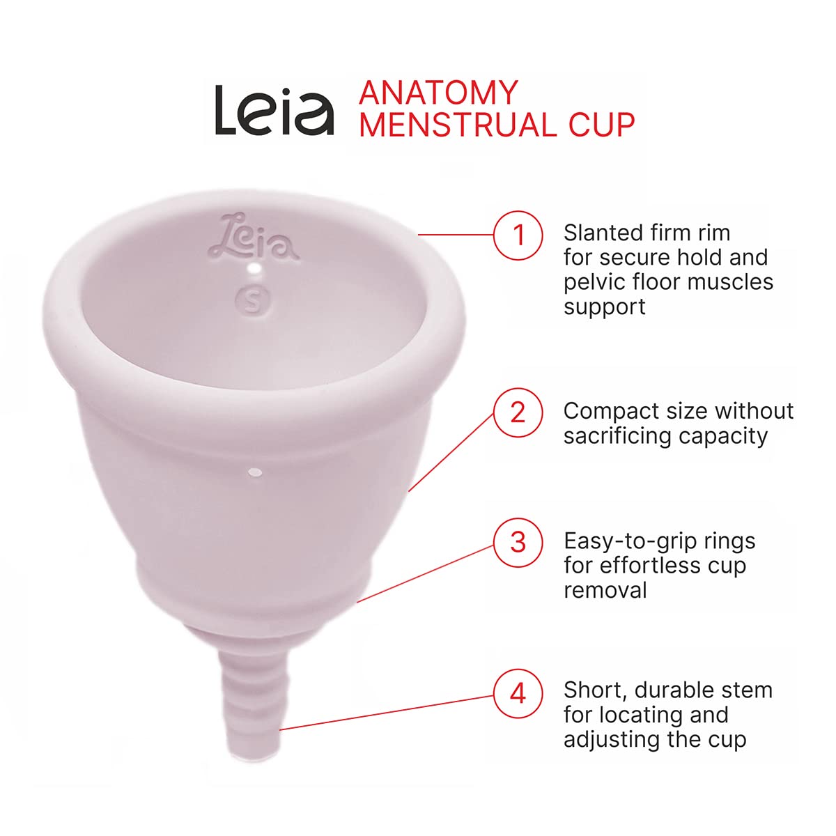 Leia odor-free silicone cup supports discreet daily use.