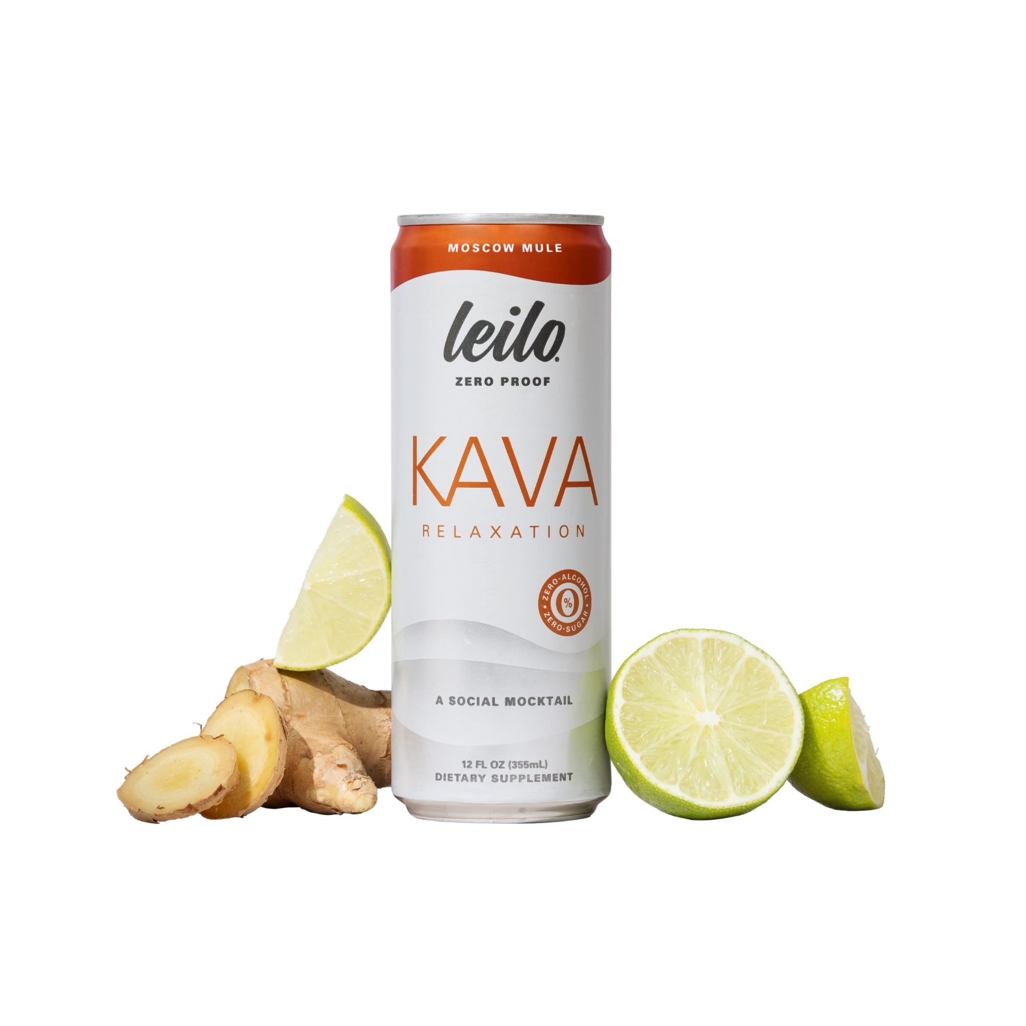 LEILO Kava Moscow Mule can on a surface highlighting a sugar free, non alcoholic refreshment
