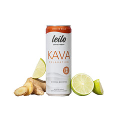 LEILO Kava Moscow Mule can on a surface highlighting a sugar free, non alcoholic refreshment