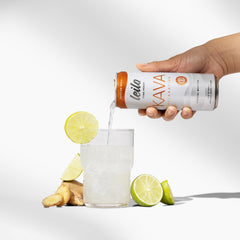 Close up of LEILO Kava Moscow Mule can showcasing the label and natural kava roots concept