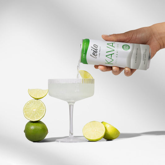 Leilo kava-powered mocktail being poured over ice for relaxation-ready sipping