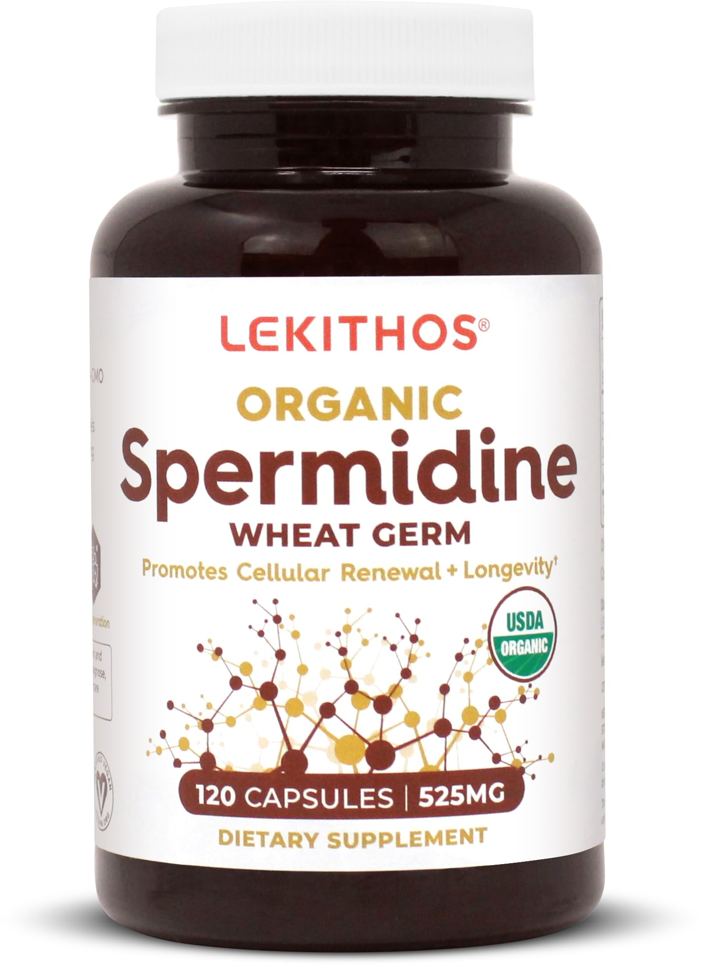 Lekithos organic spermidine capsules bottle with clear, clean labeling for aging support