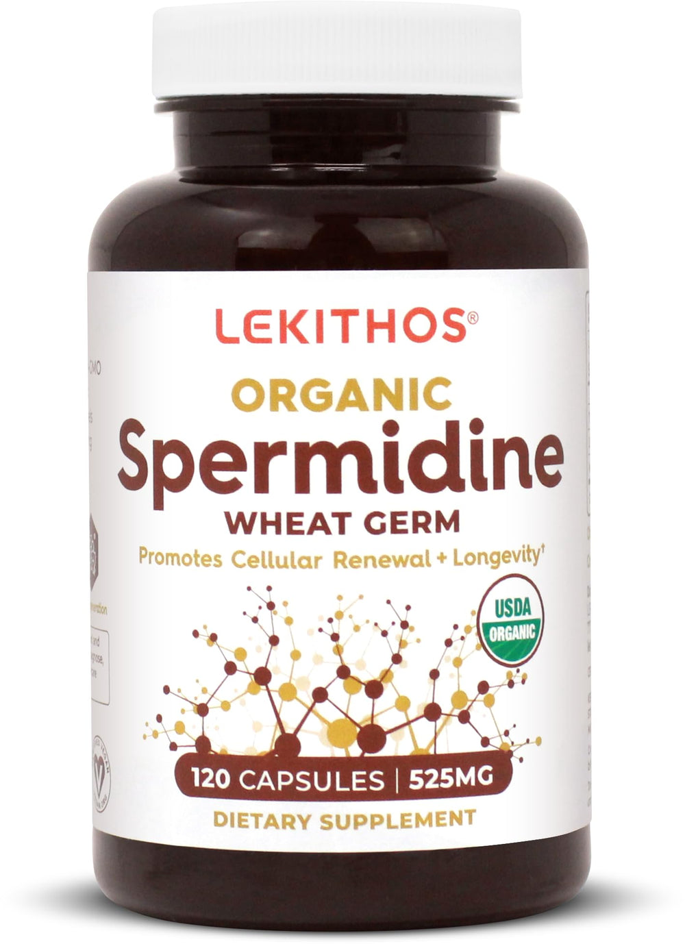 Lekithos organic spermidine capsules bottle with clear, clean labeling for aging support
