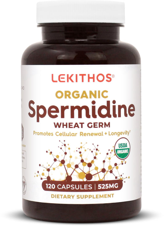 Lekithos organic spermidine capsules bottle with clear, clean labeling for aging support
