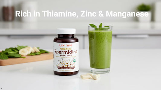Lekithos organic spermidine capsules label shows organic wheat germ ingredients