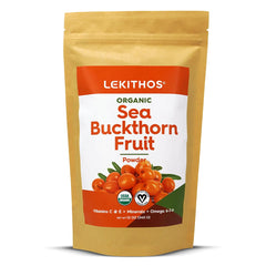 Lekithos sea buckthorn powder packaging highlights organic quality for clean sourcing.