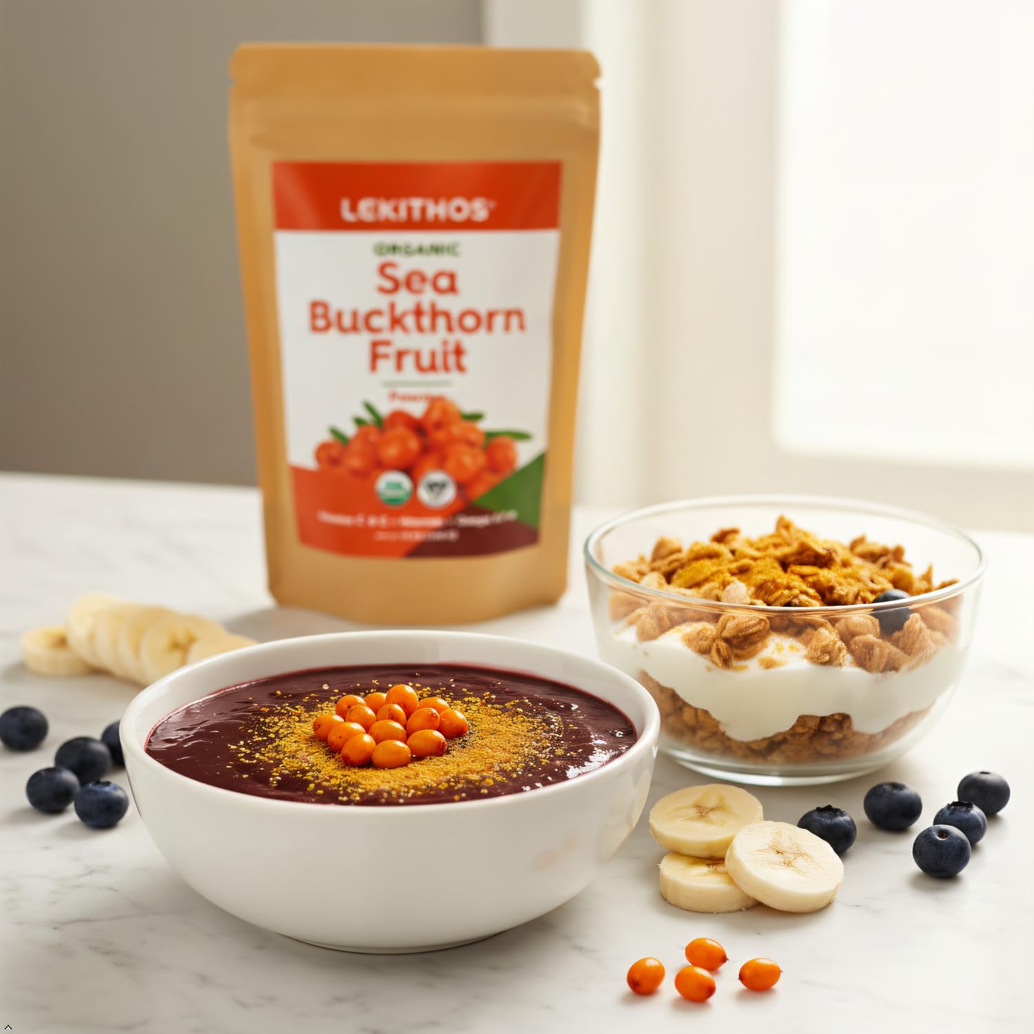 Lekithos sea buckthorn powder scoop enables precise measurements for recipes.