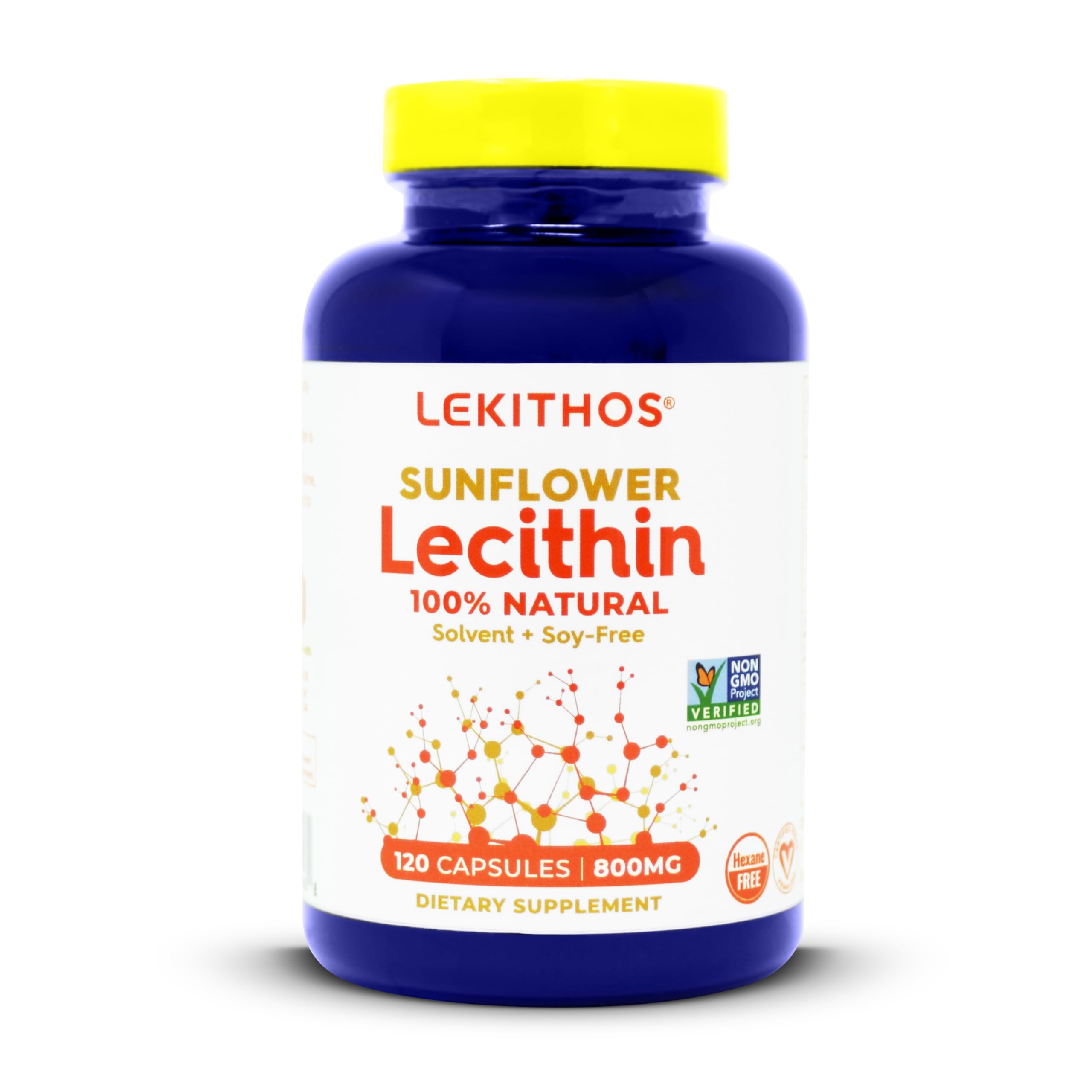 Lekithos sunflower lecithin capsules closeup, 800 mg per capsule for easy dosing