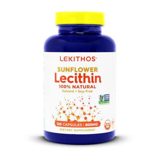 Lekithos sunflower lecithin capsules closeup, 800 mg per capsule for easy dosing