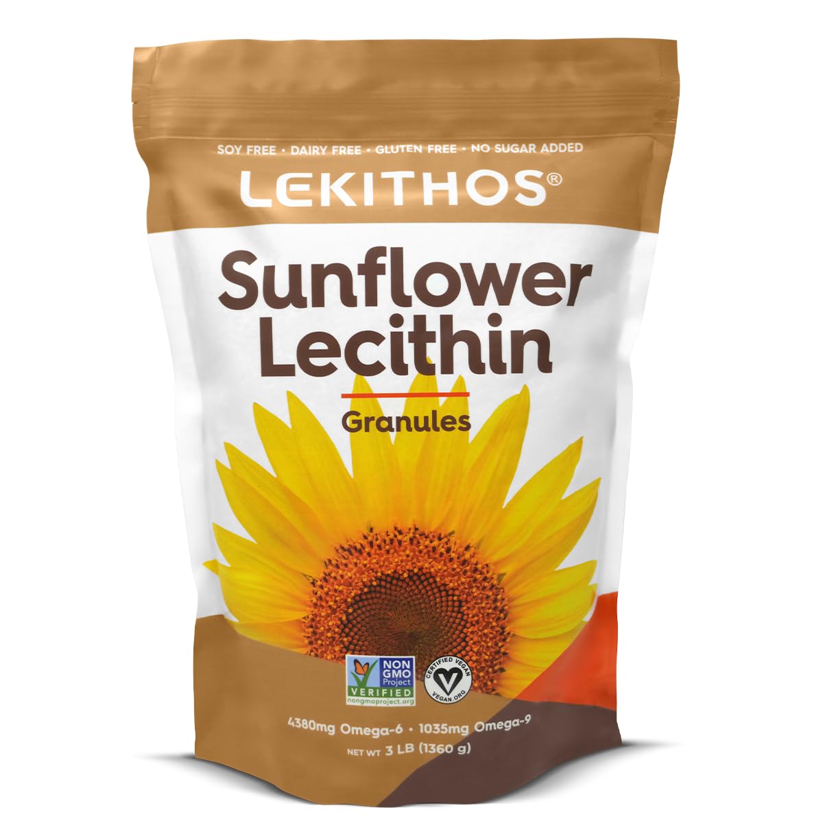 Lekithos Sunflower Lecithin Granules bottle for vegan, allergen-free use.