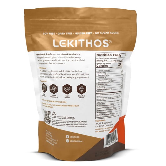 Lekithos Sunflower Lecithin Granules spoon shot for versatile vegan cooking and baking.