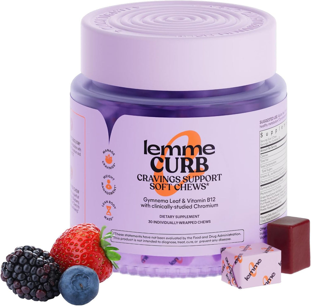 Lemme Curb Cravings soft chews bottle pour demonstrates easy daily use for appetite management.