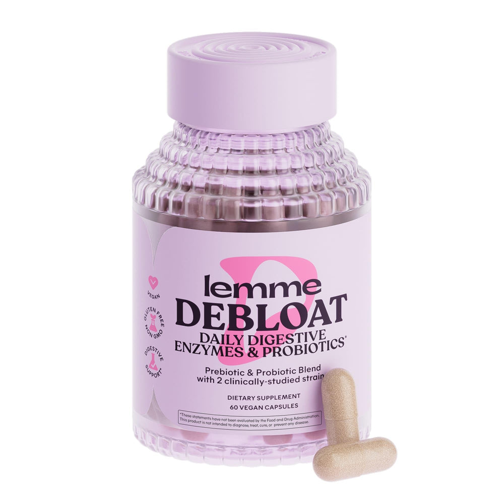 Lemme Debloat bottle front view showing 60 capsules for daily gut support