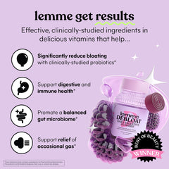 Lemme Debloat bottle pour shows gummies ready to aid digestion.