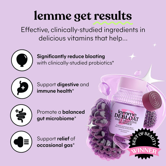 Lemme Debloat gummies closeup highlights berry flavor for easy daily use.