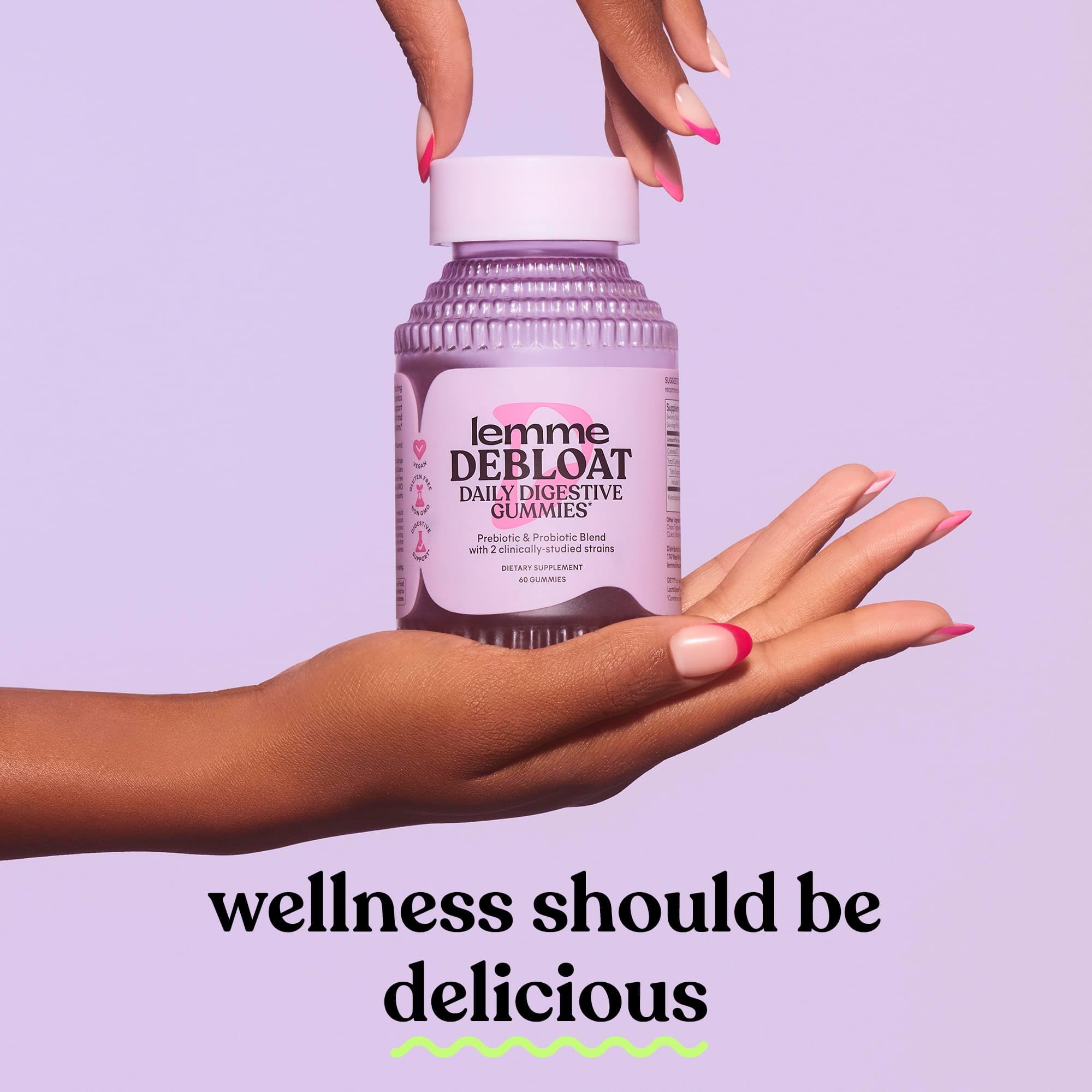 Lemme Debloat pack-in-hand demonstrates easy daily regimen.