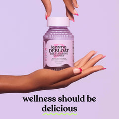 Lemme Debloat pack-in-hand demonstrates easy daily regimen.