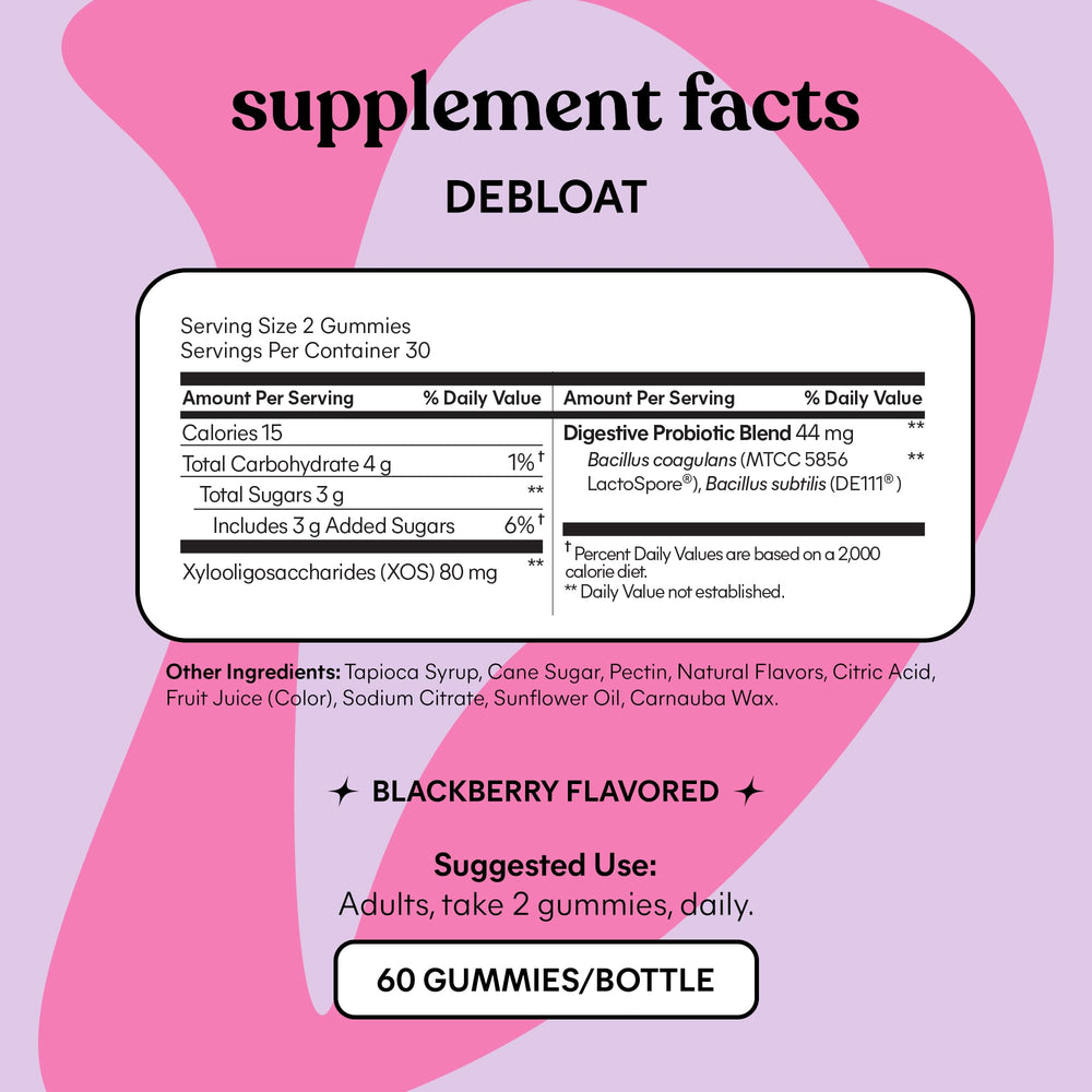 Lemme Debloat packaging shows two-bottle pack for convenient dosing.