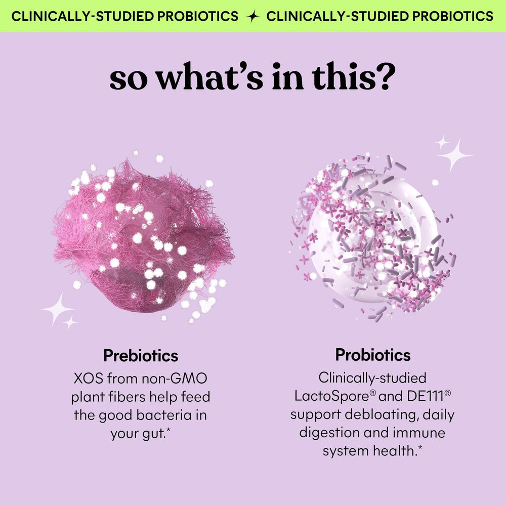 Lemme Debloat XOS prebiotic graphic focuses on gut balance.