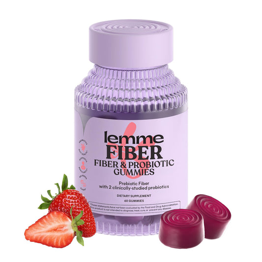 Lemme Fiber & Probiotic Gummies bottle front for digestive support with strawberry flavor