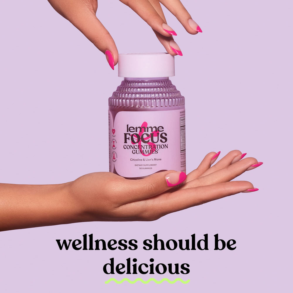 Lemme Focus bottle and nutrition facts panel emphasizing B12 benefits.