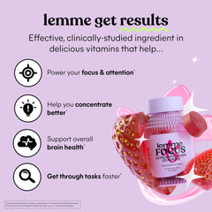 Lemme Focus gummies displayed on a clean surface highlighting caffeine-free focus support.