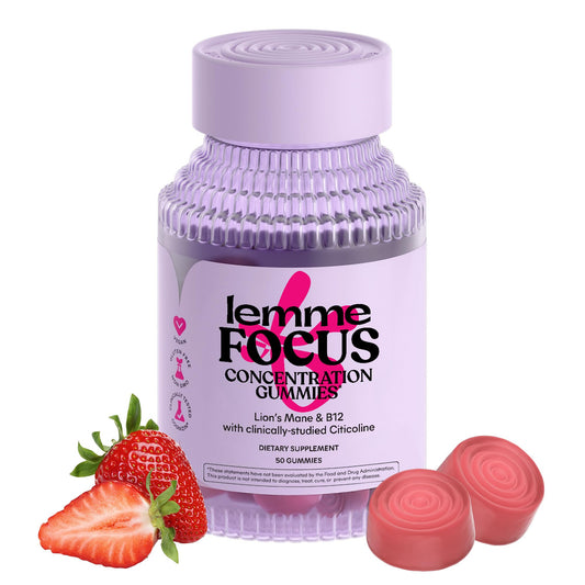Lemme Focus bottle close-up with strawberry gummies for daytime focus.
