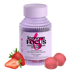 Lemme Focus bottle close-up with strawberry gummies for daytime focus.