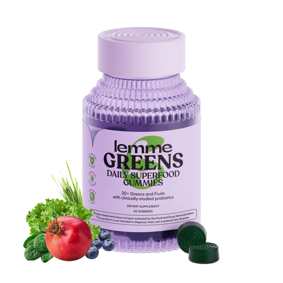 Lemme Greens Gummies packaging showcases convenient daily wellness with berry-flavored superfood blend.