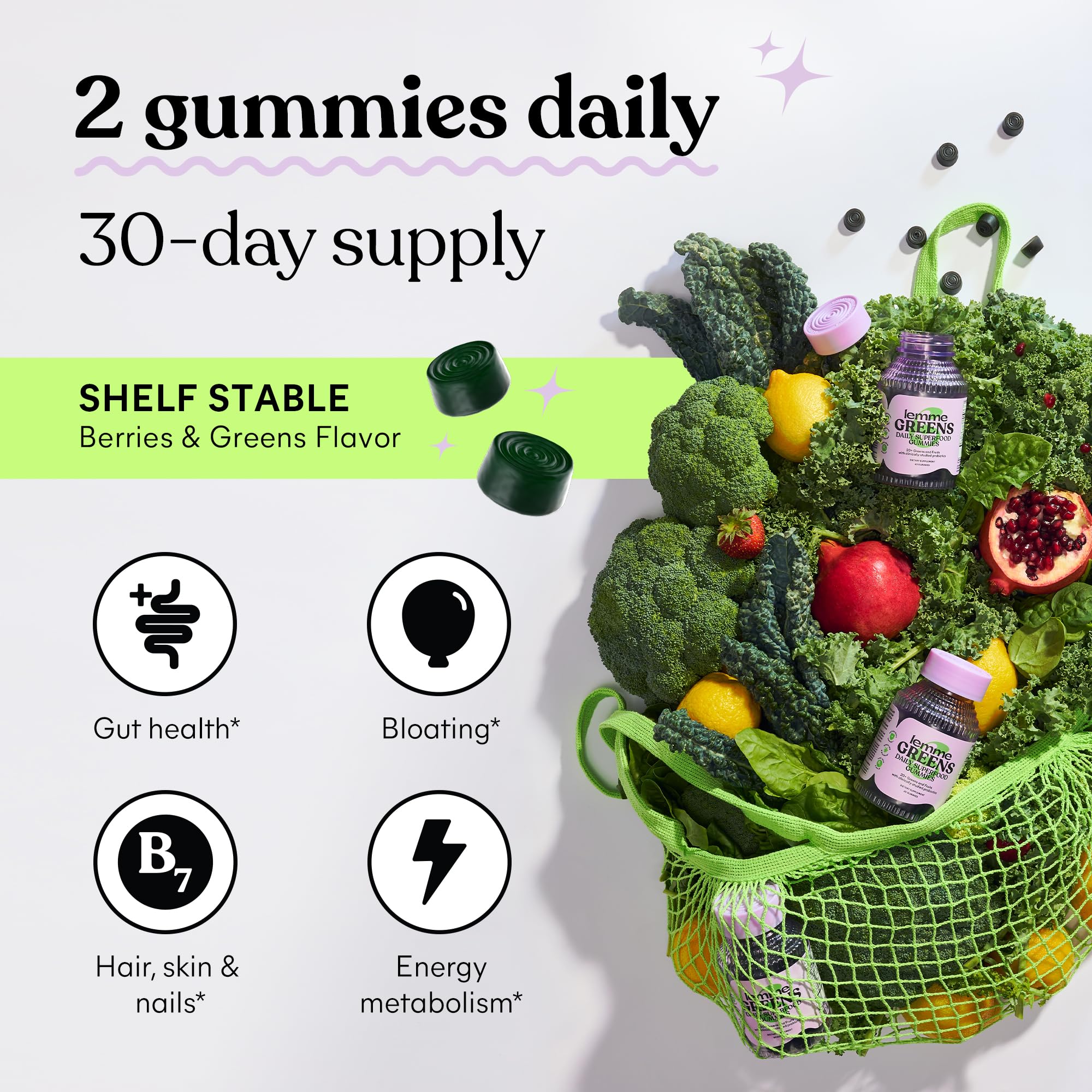 Lemme Greens vitamin display shows D3 and B12 for energy support.