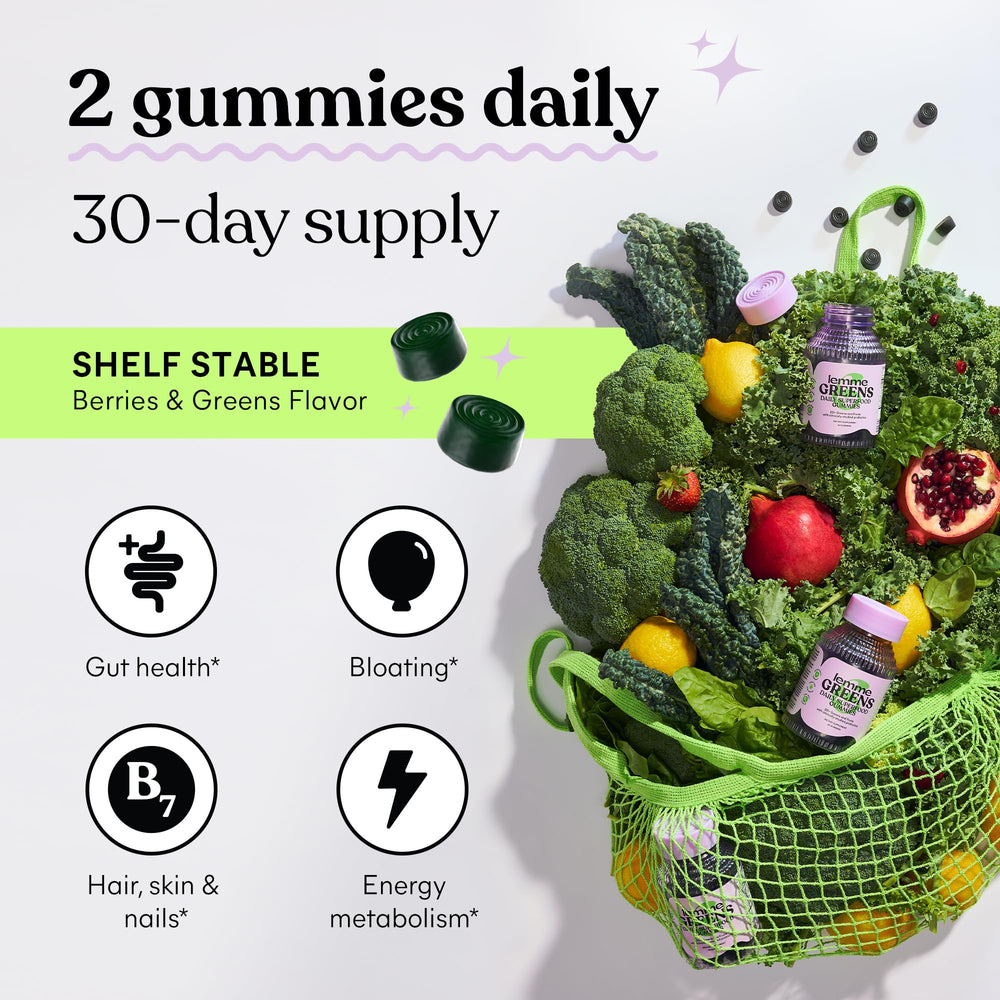 Lemme Greens vitamin display shows D3 and B12 for energy support.