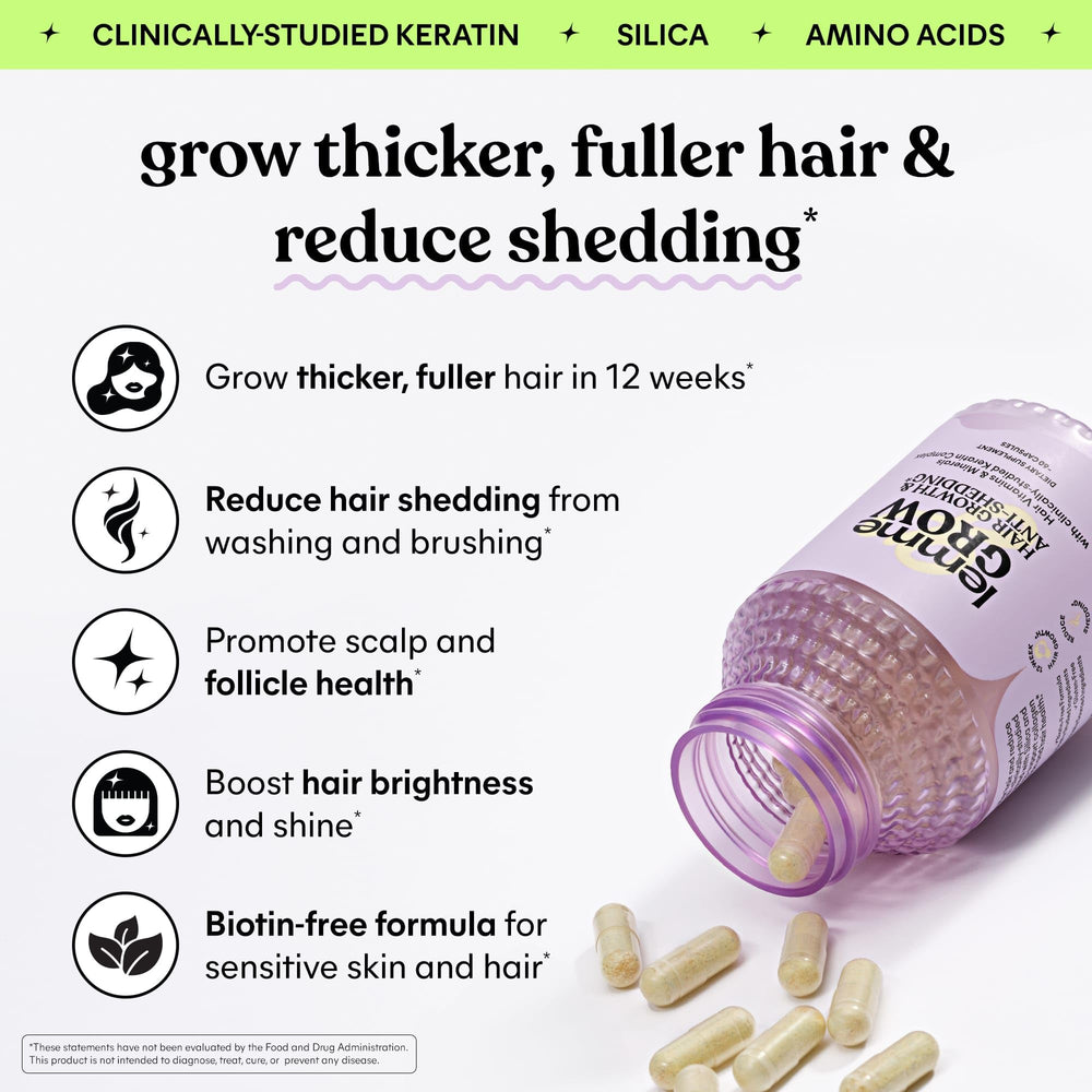 Lemme Grow Hair capsules close-up highlighting keratin complex support for stronger hair
