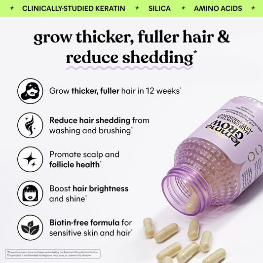 Lemme Grow Hair capsules close-up highlighting keratin complex support for stronger hair