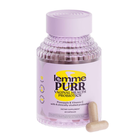 Lemme Purr bottle front view highlighting probiotic blend for feminine health.