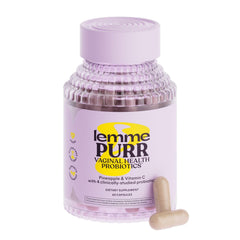 Lemme Purr bottle front view highlighting probiotic blend for feminine health.