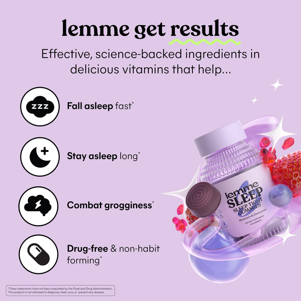 Lemme Sleep Gummies jar back highlights ingredients and gluten-free, non-GMO formulation.