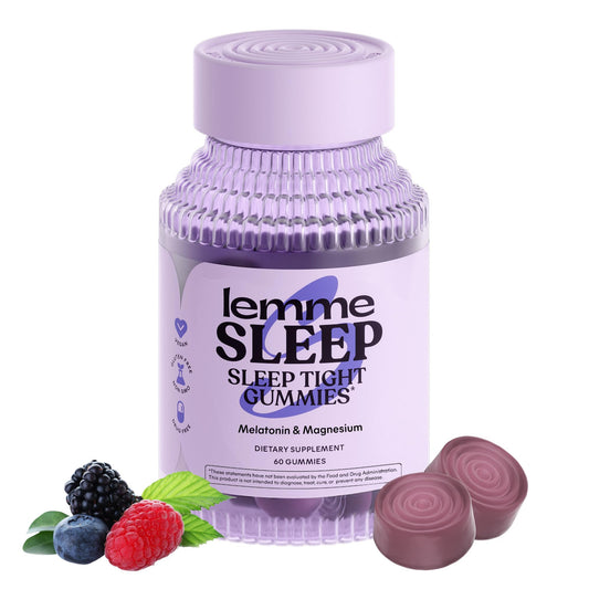 Lemme Sleep Gummies jar front shows berry flavor and drug-free sleep support.