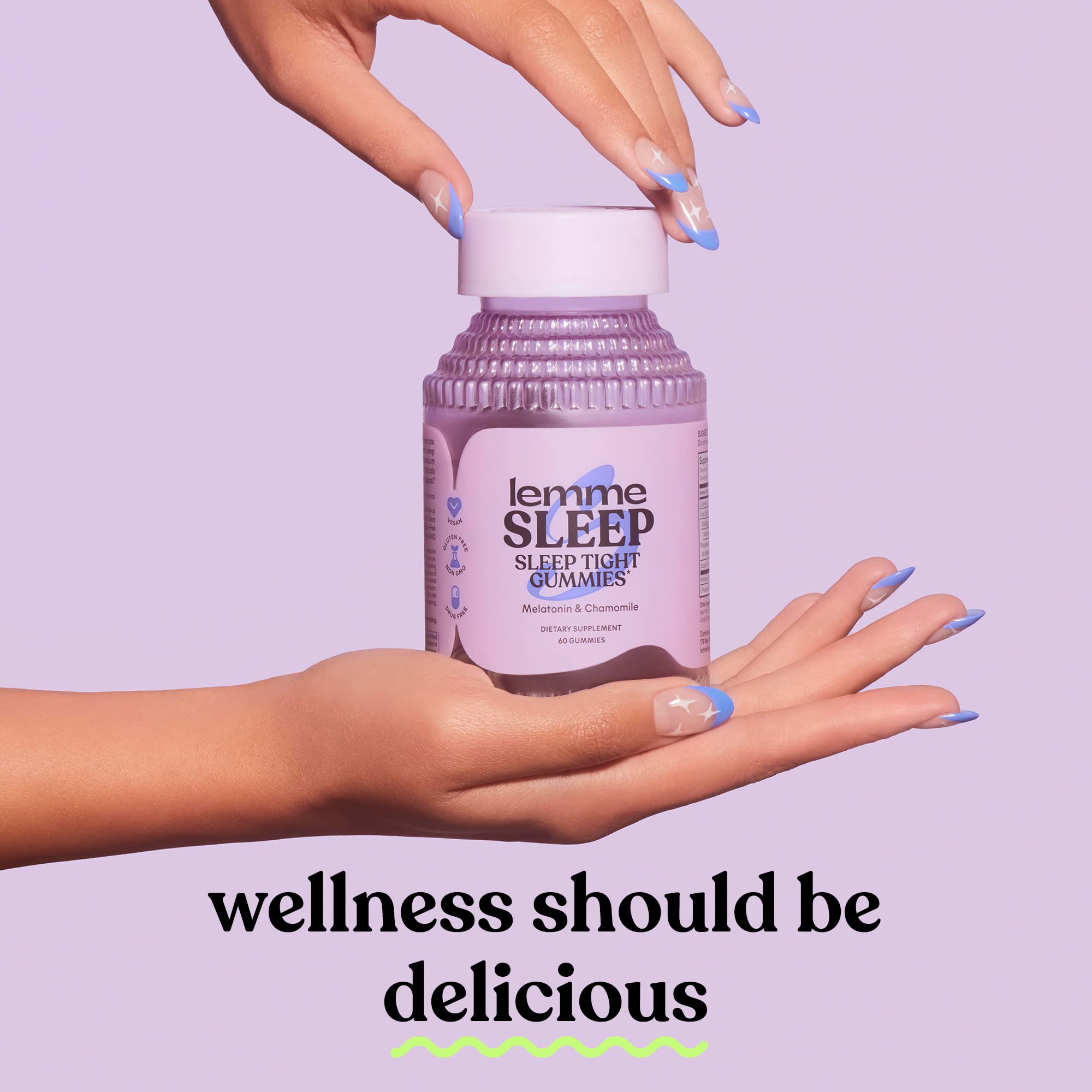 Lemme Sleep Gummies label closeup shows non-GMO, gluten-free formulation.