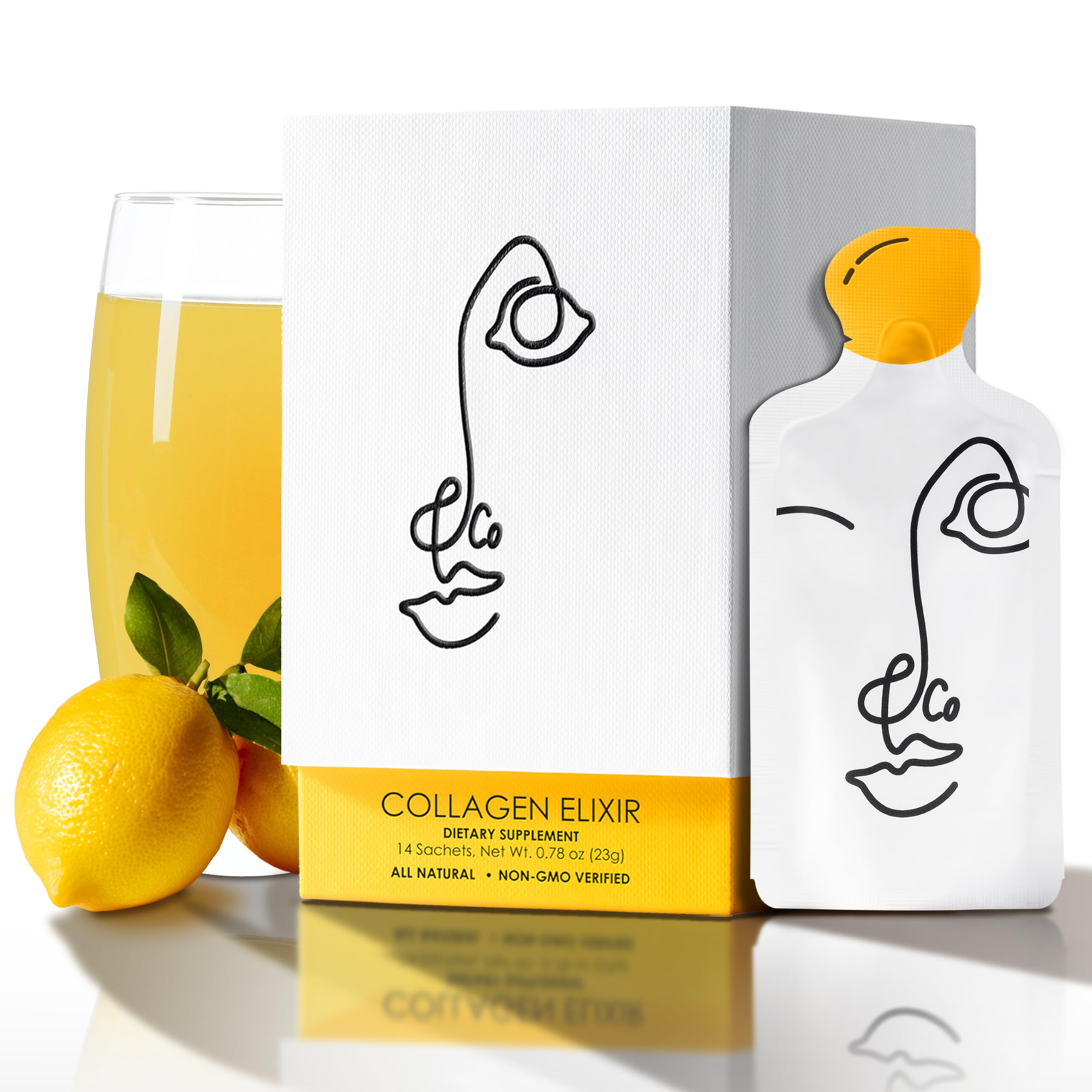 LEMON & CO. liquid collagen bottle on a counter supports radiant skin