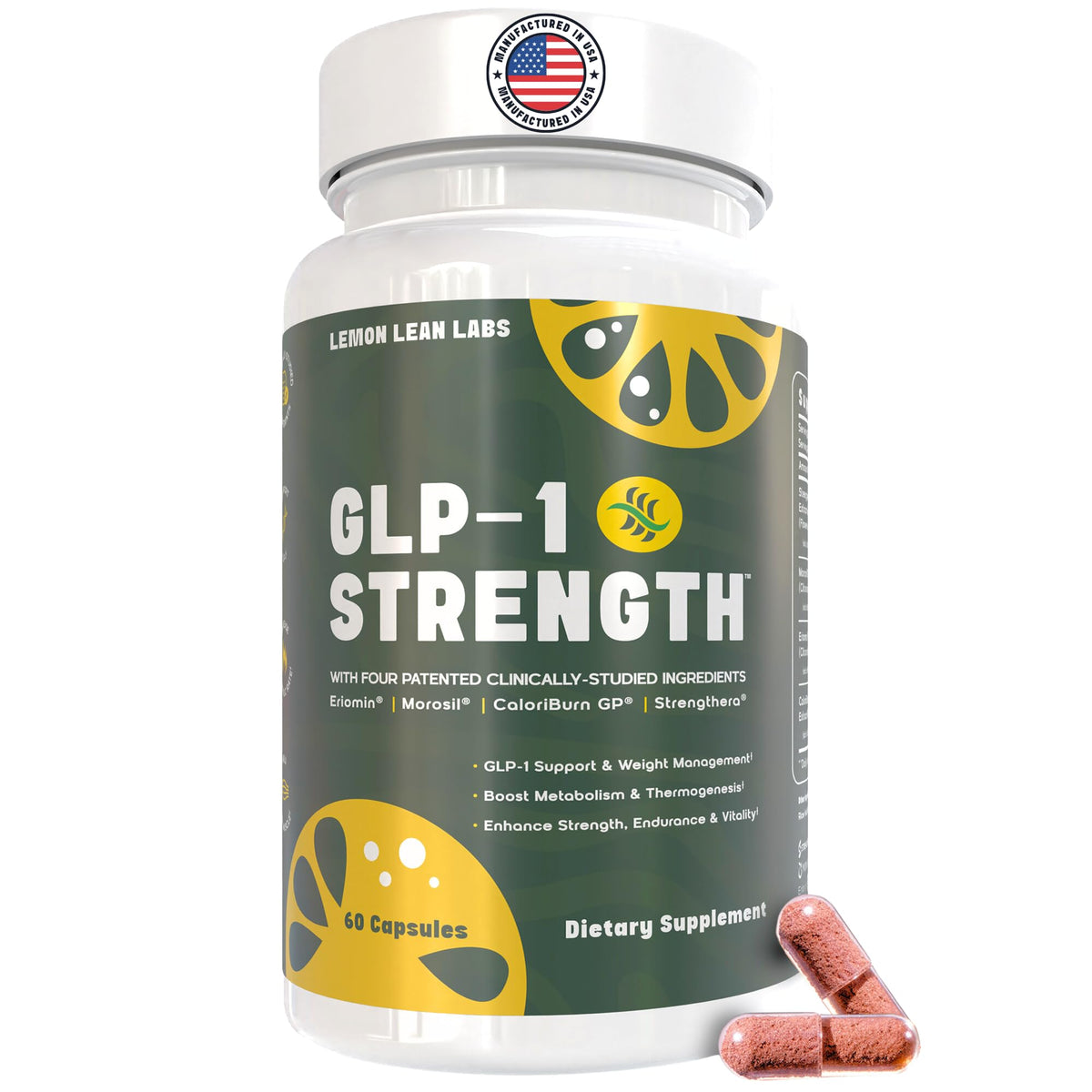 Lemon Lean Labs GLP-1 Strength bottle displaying vegan weight-management support