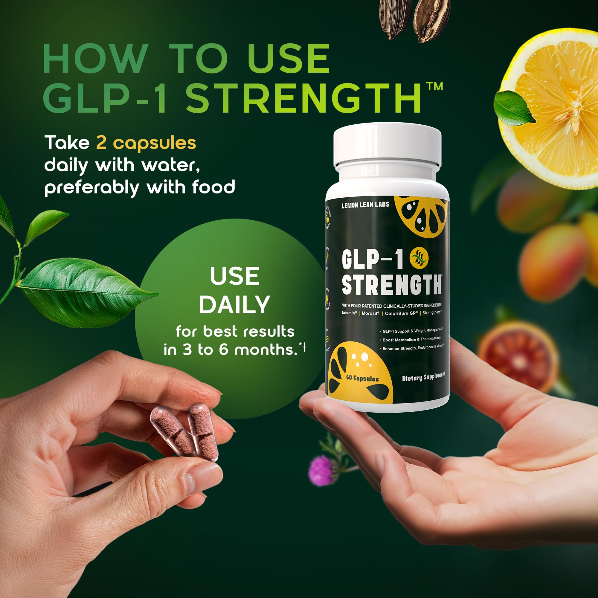 Capsules of Lemon Lean Labs GLP-1 Strength held in hand for convenient dosing